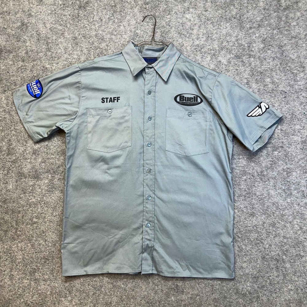 Vintage Buell American Motorcycles Staff Shirt Mens M Grey 2005 Workwear Logo